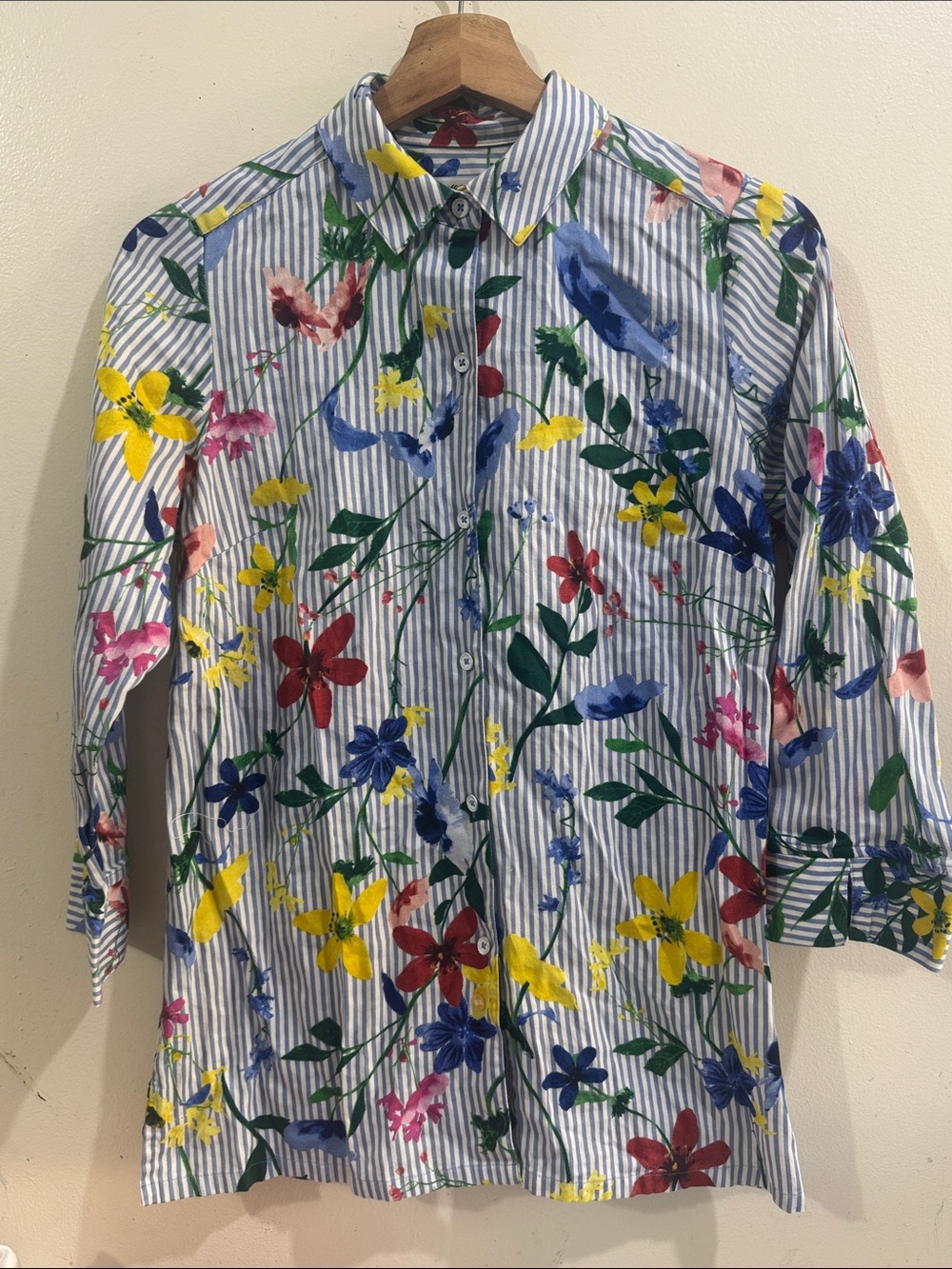 Foxcroft Blue and White Striped Button-Down Shirt with Multicolor Floral Print